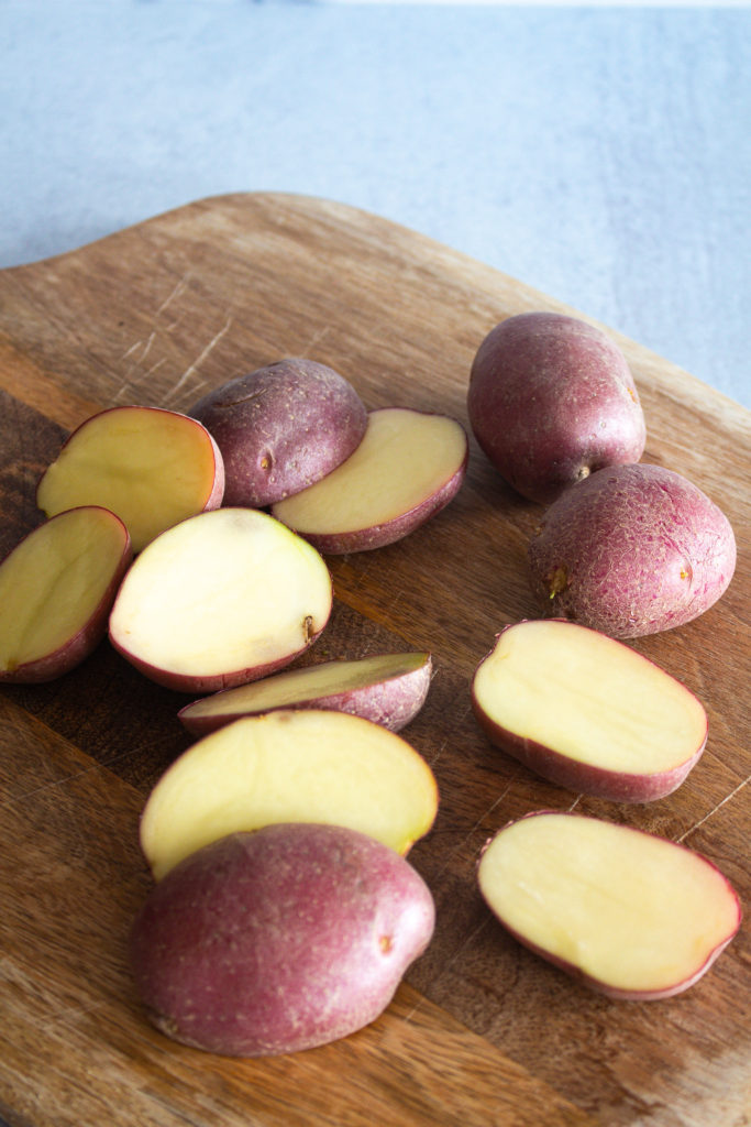 Sliced, raw red potatoes