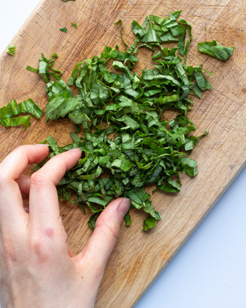 Basil topping for chicago deep dish pizza toast
