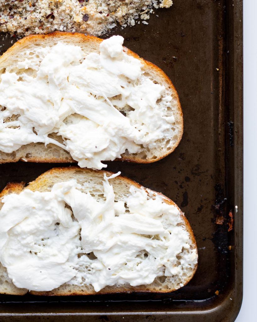 Burrata toast recipe, right before the oven. 