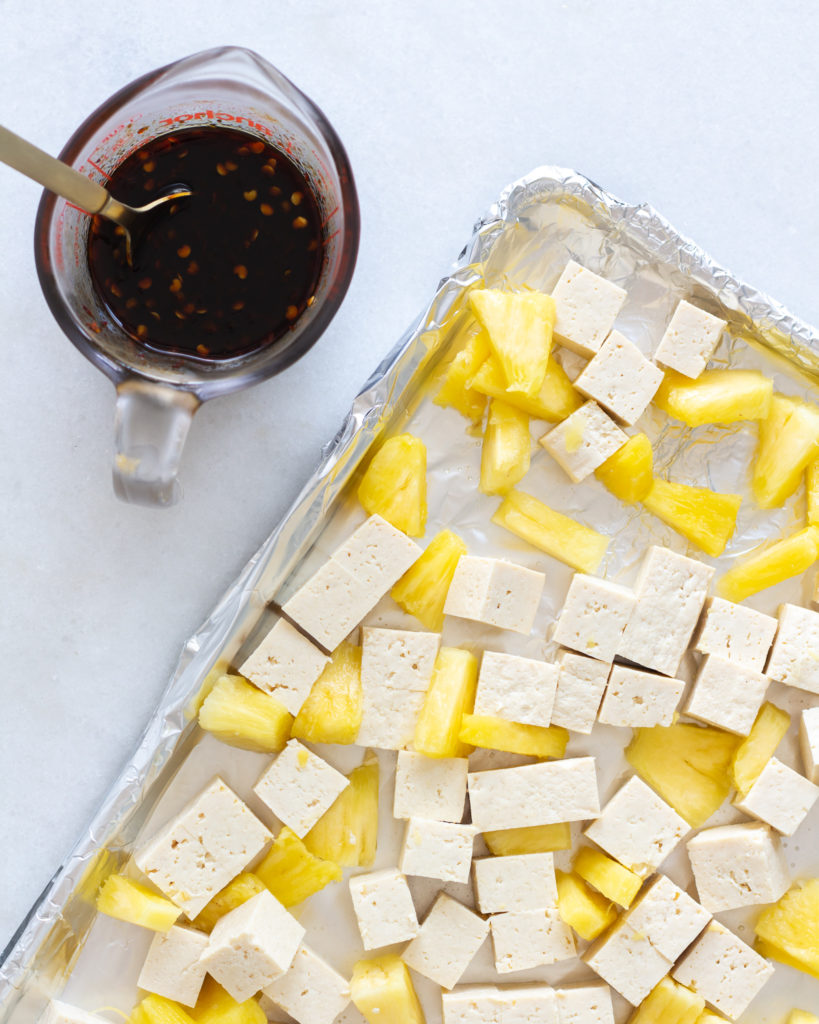 setting up the baked pineapple tofu