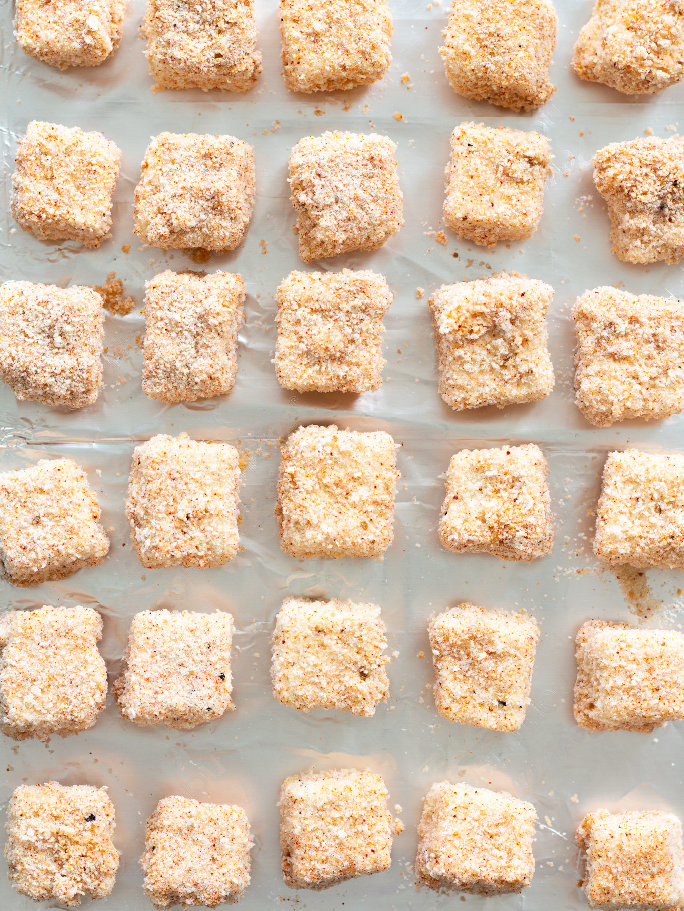 Breaded tofu before it goes into the oven