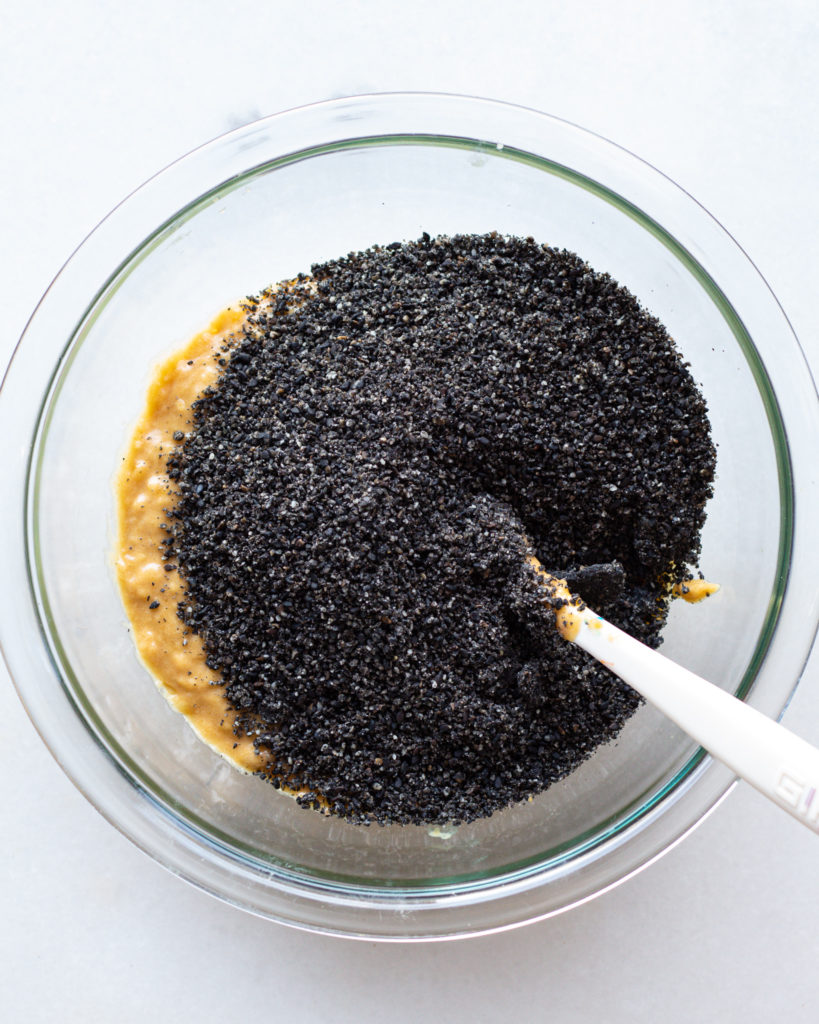 black sesame seeds added to wet batter