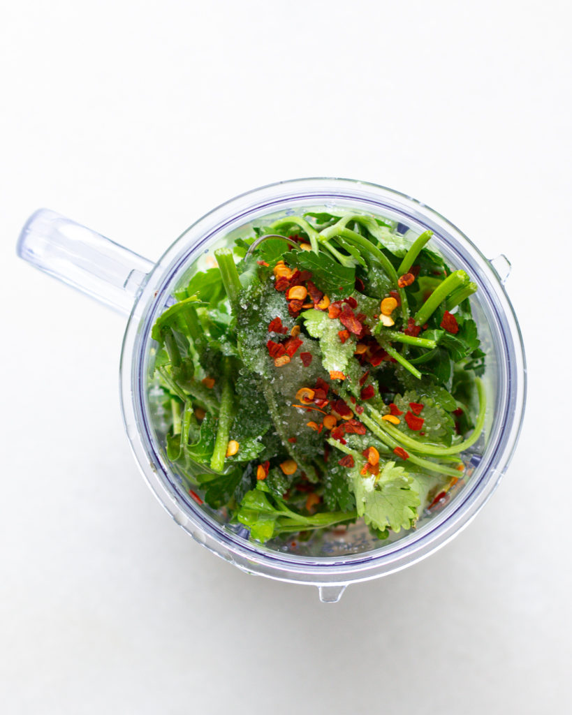 basil oil ingredients in food processor