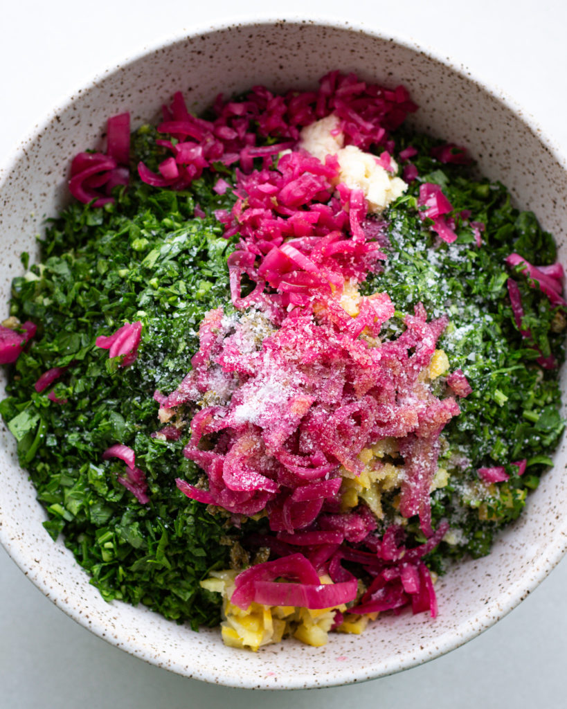 Salsa verde ingredients in bowl