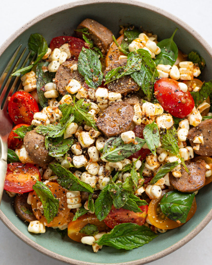 Finished Vegetarian Sausage Salad with Paprika Dressing