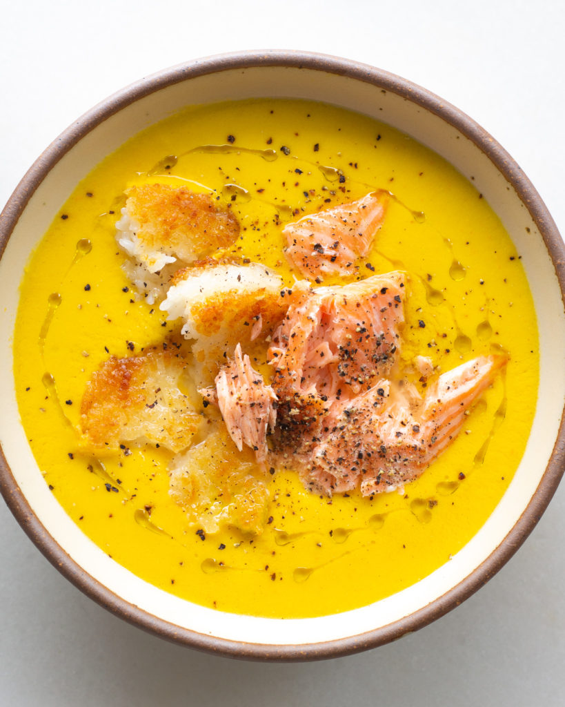 Finished Corn Gazpacho with Salmon & Crispy Rice