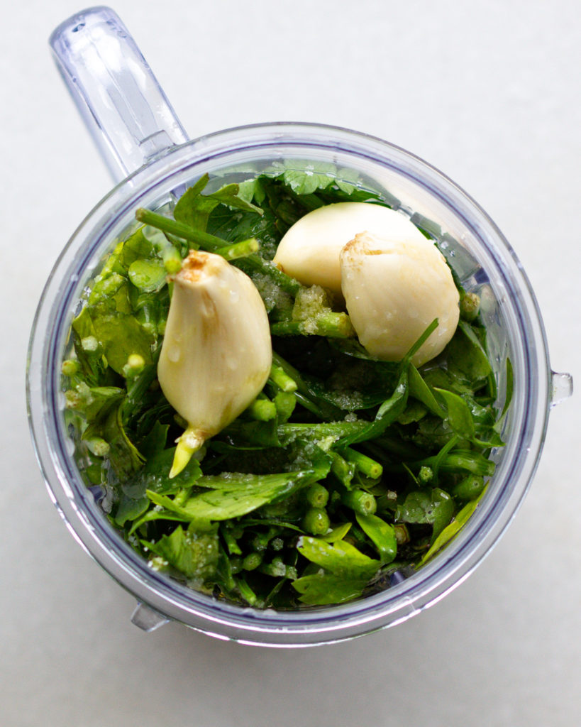 Parsley, garlic, seasonings and lemon juice in blender