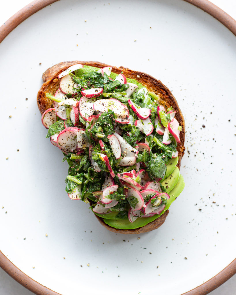 Finished Radish Greens Salad on Avocado Toast