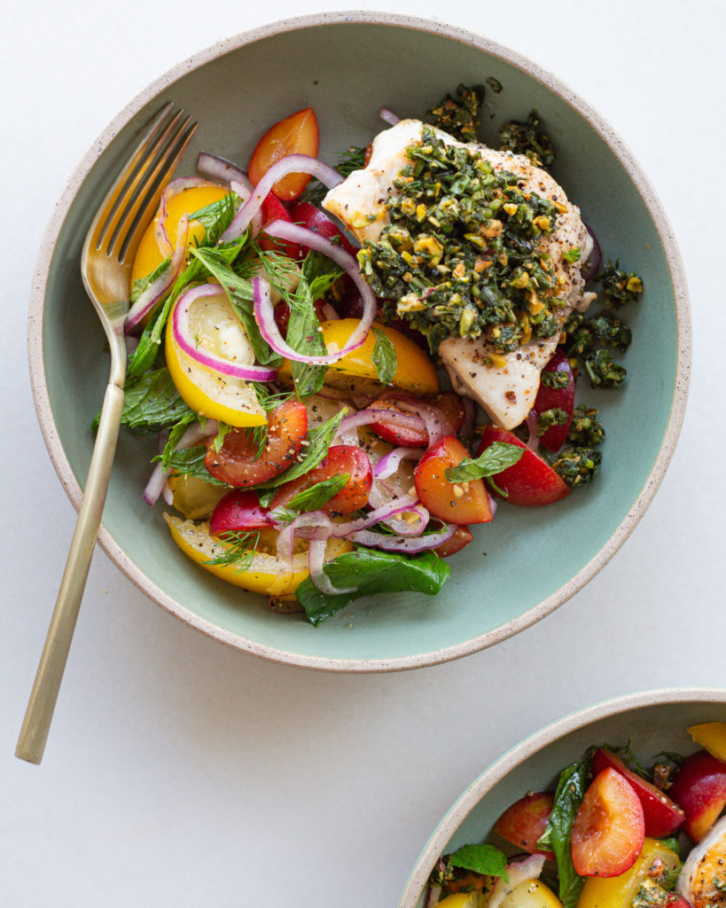Finished Grilled Swordfish with Basil Pistachio Relish and Tomato Salad