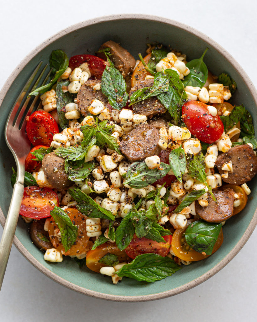 Finished Vegetarian Sausage Salad with Paprika Dressing