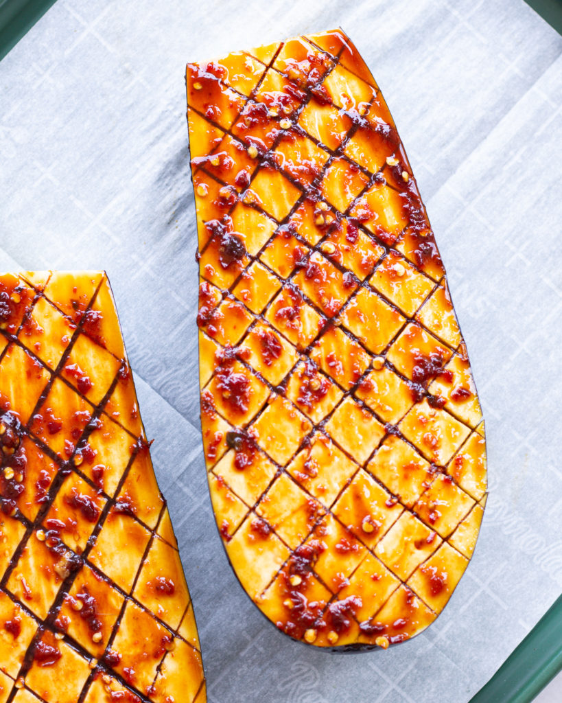 Miso sauce on scored eggplant