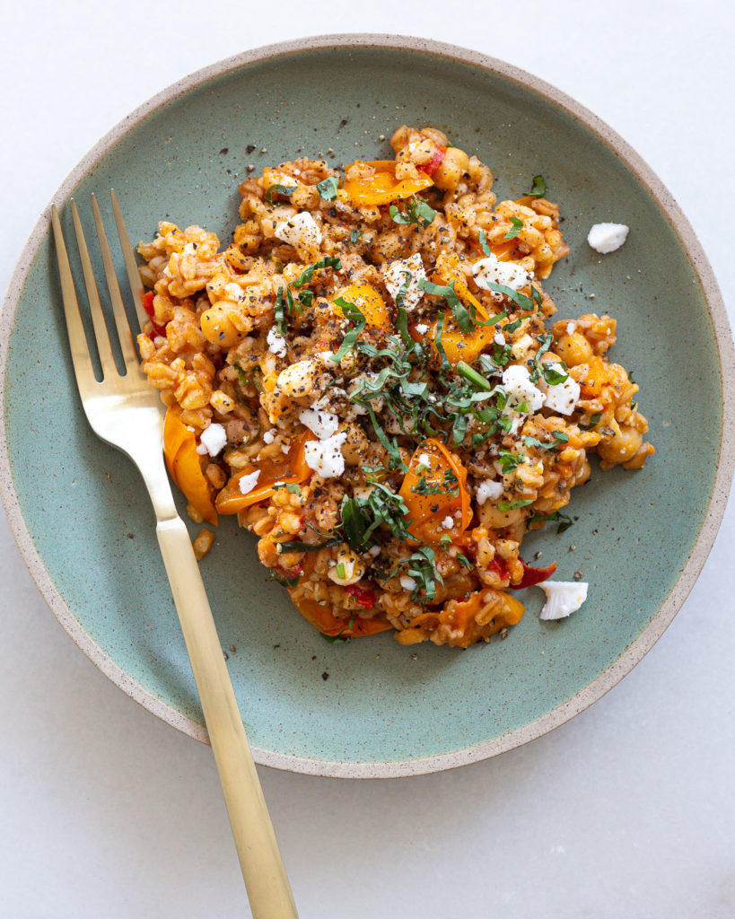 Finished Sungold Tomato Farro with Basil & Feta
