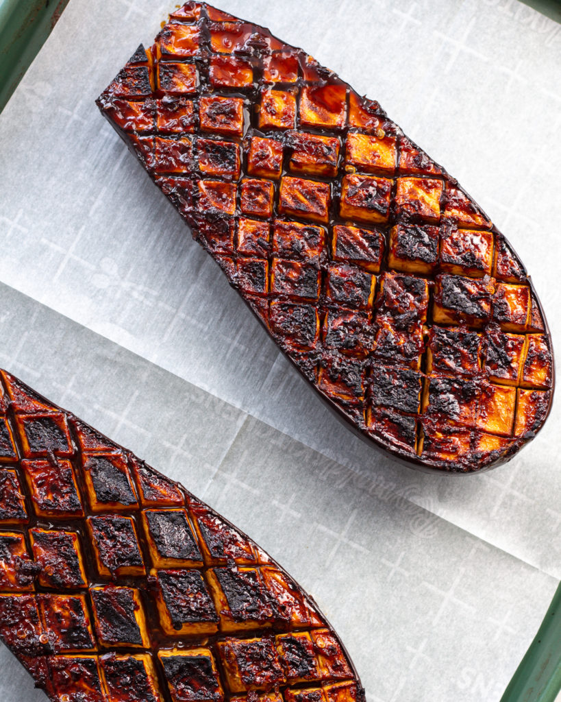Finished Miso-Glazed Eggplant on baking sheet