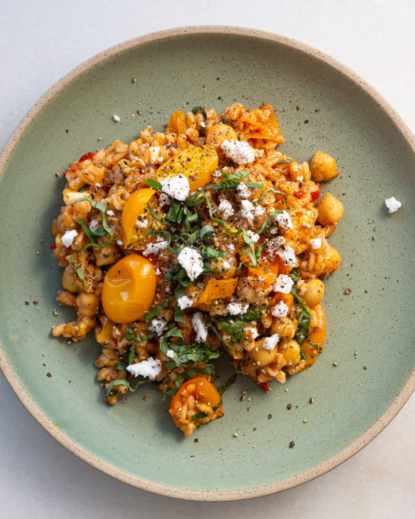 Finished Sungold Tomato Farro with Basil & Feta