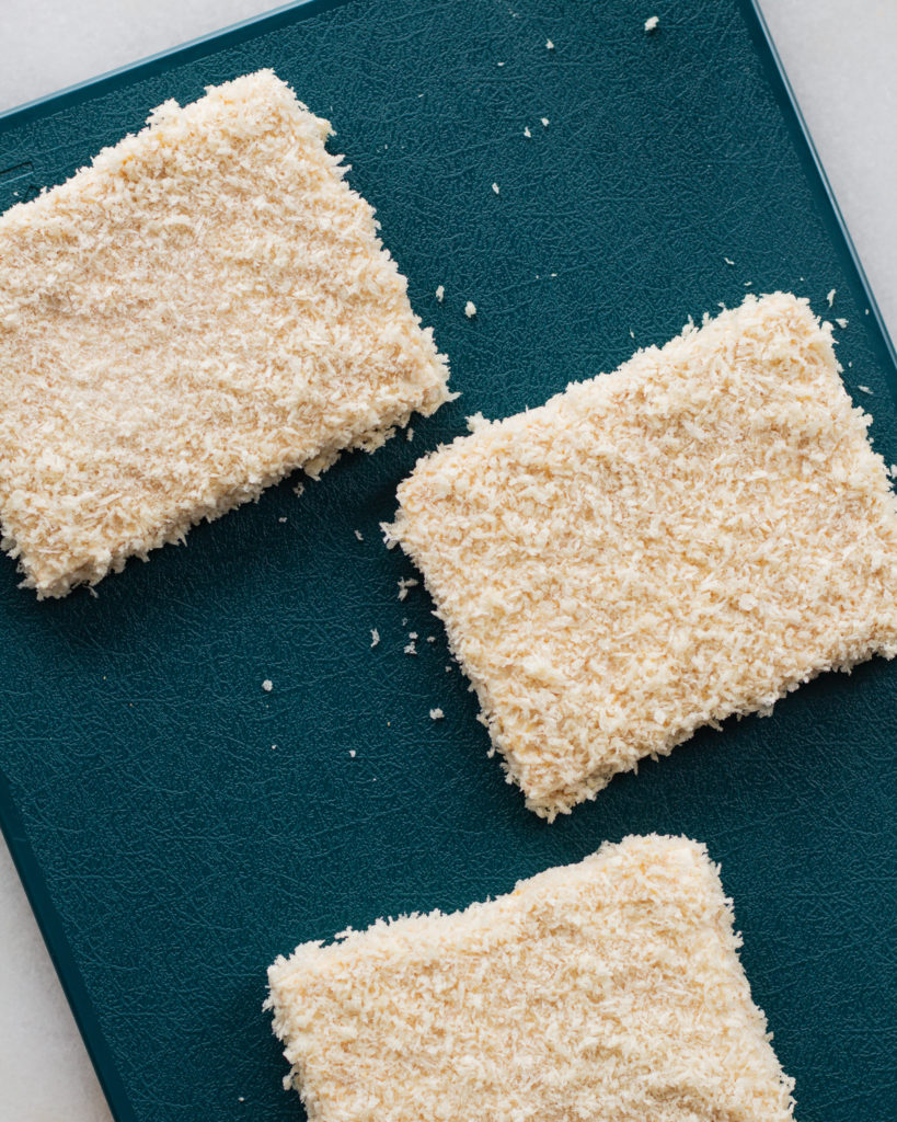 Tofu cutlets breaded and ready to fy