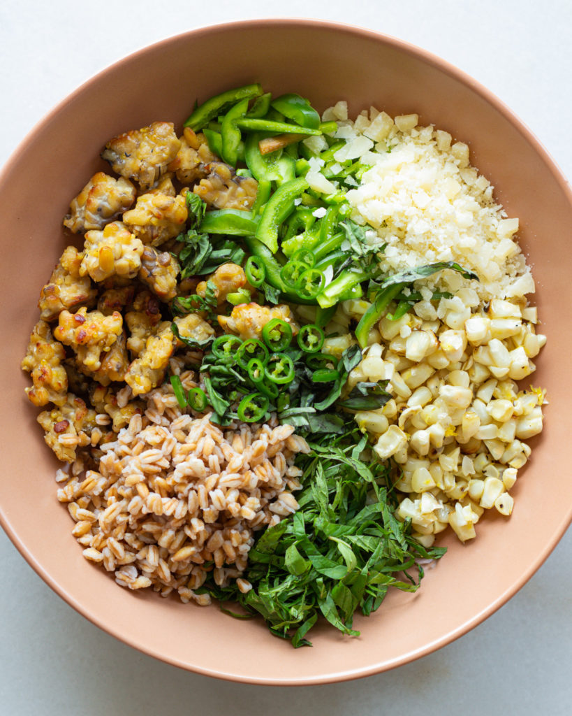 Finished Grilled Corn & Tempeh Salad with Farro, Basil & Mint