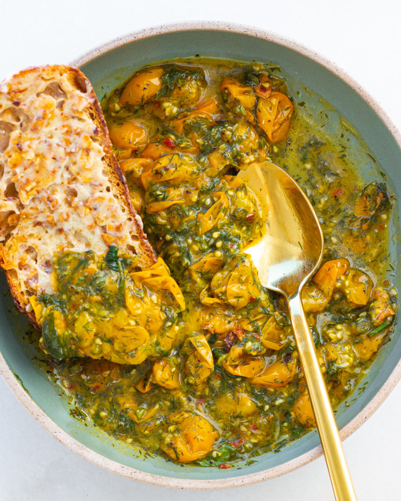 Finished Sungold Tomatoes & Crispy Garlic Butter