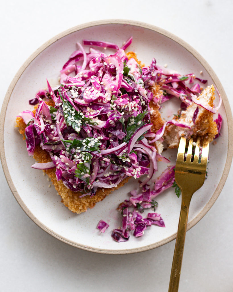 Finished Crispy Tofu Cutlet with Cabbage Slaw