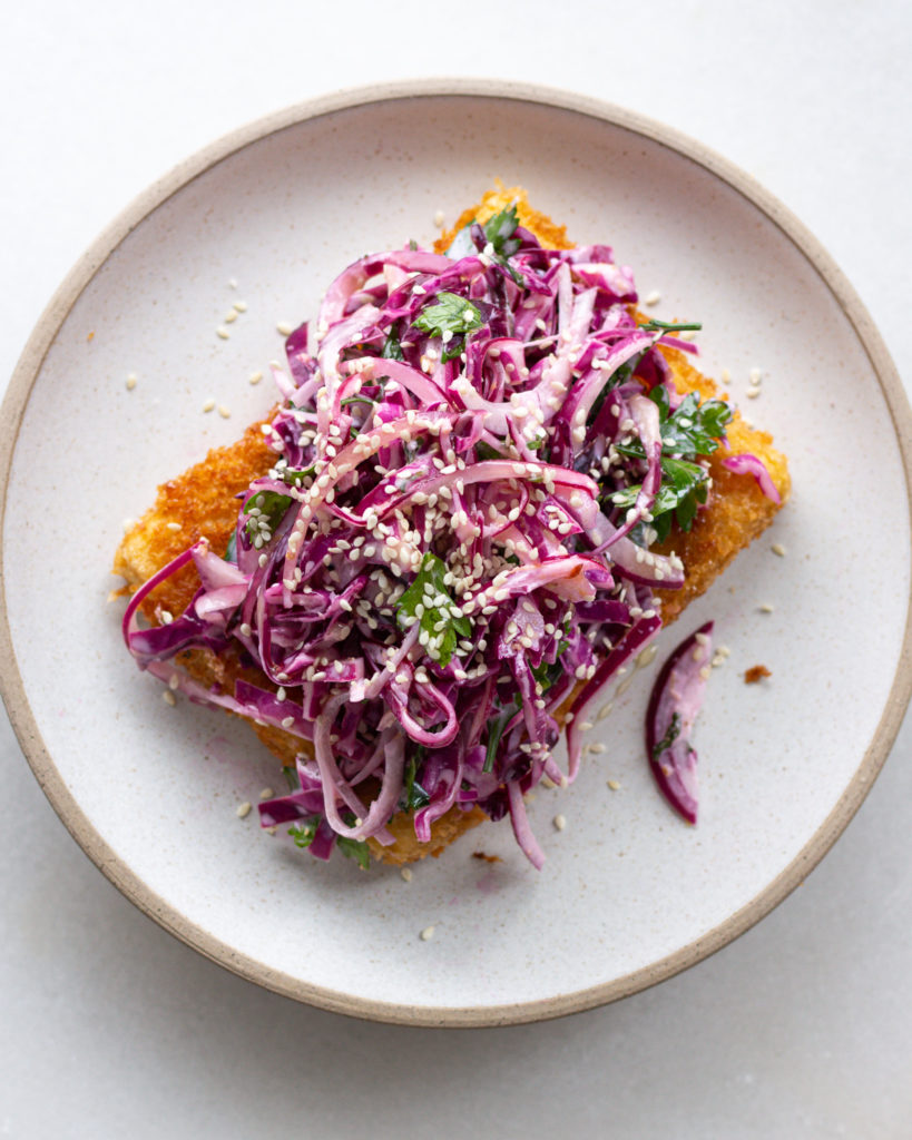 Finished Crispy Tofu Cutlet with Cabbage Slaw