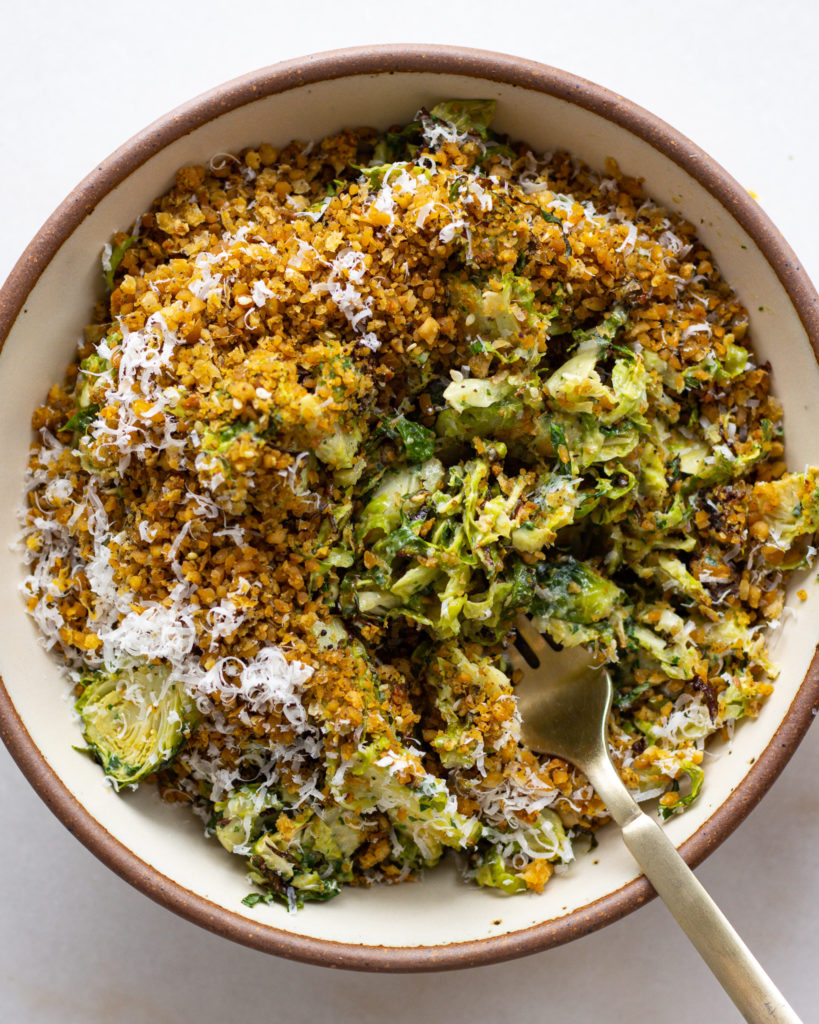 Finished Brussels Sprout Salad with Anchovy Tahini & Za'atar Chickpeas