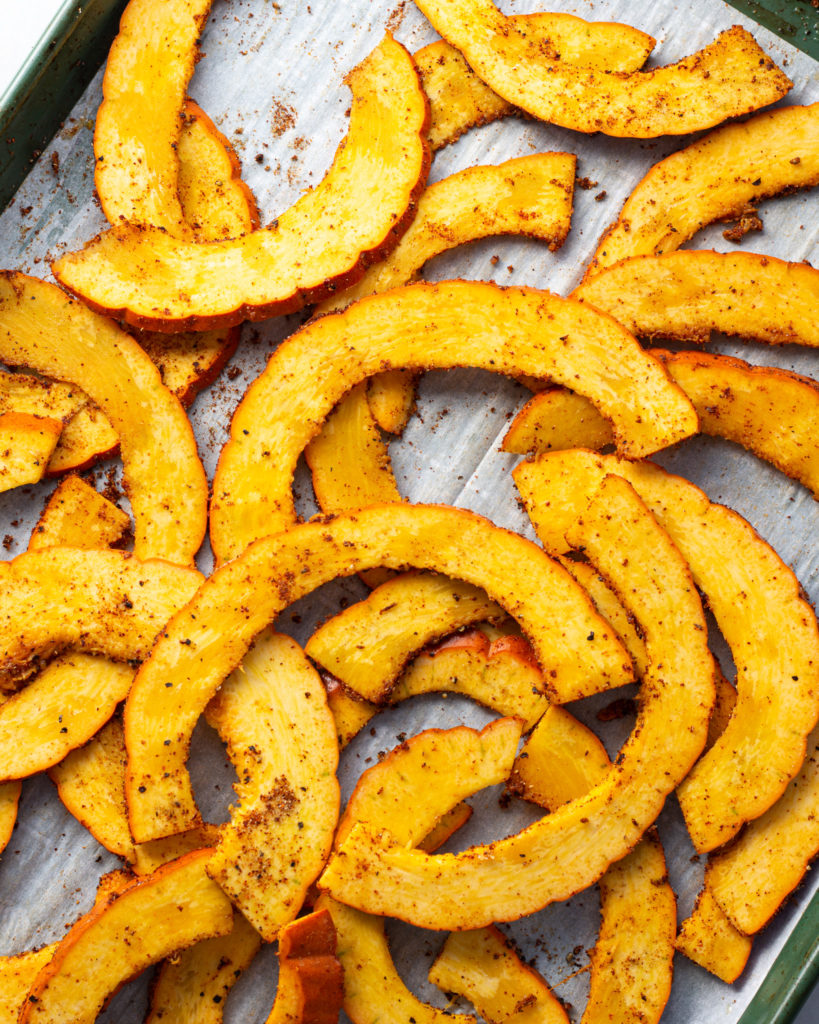 Sliced pumpkin ready to be roasted