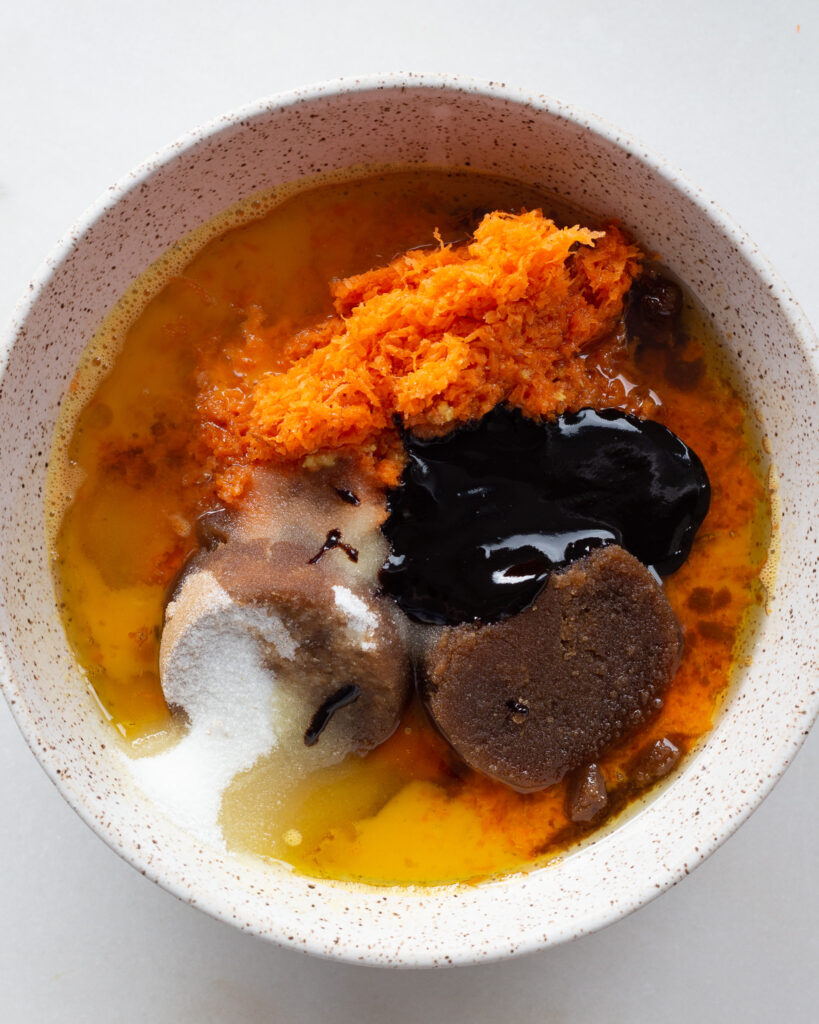 wet ingredients in a mixing bowl