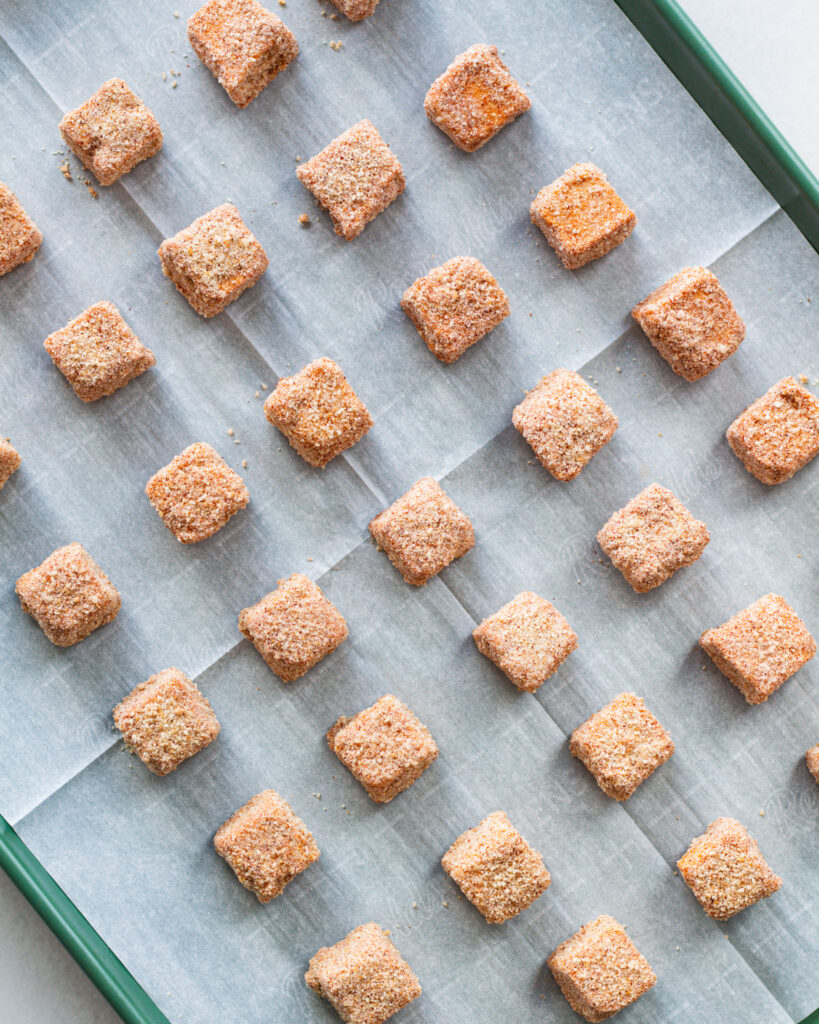 hummus nuggets on a baking sheet