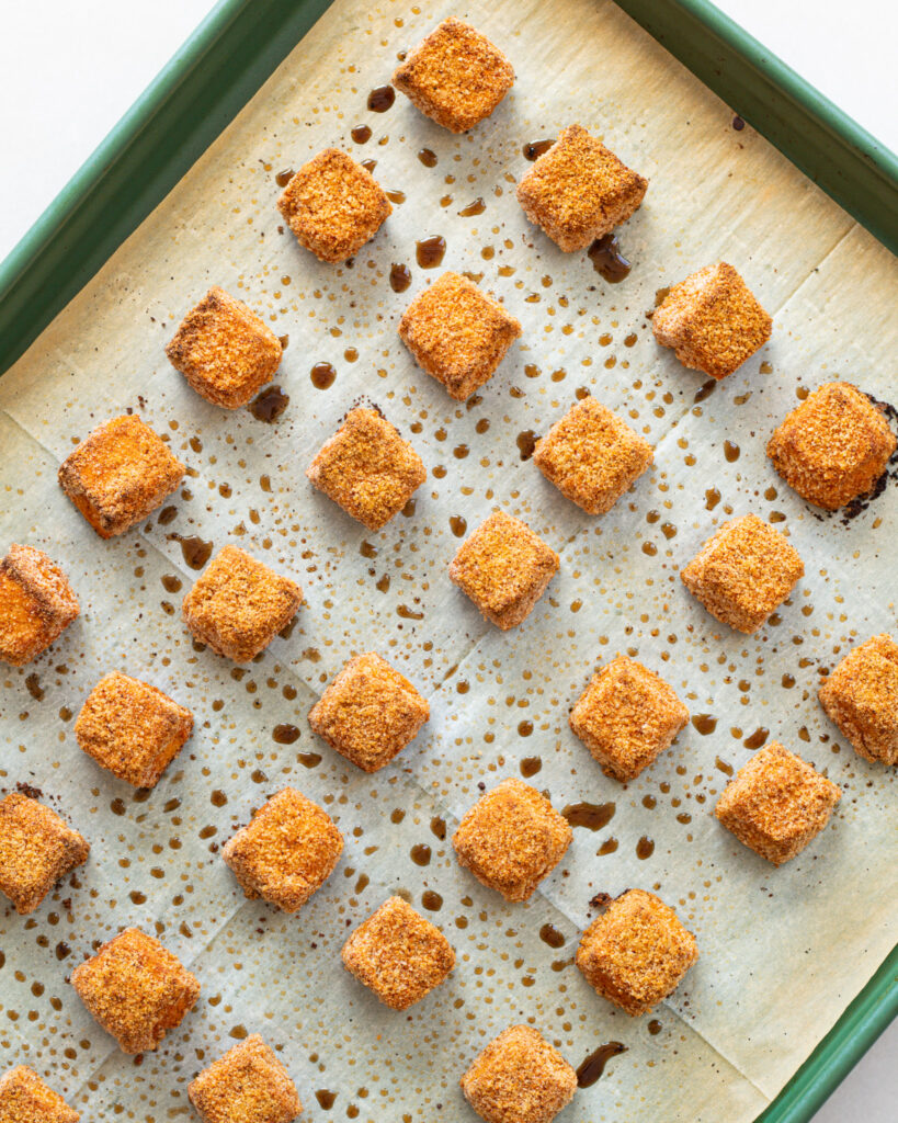 hummus nuggets on a baking sheet