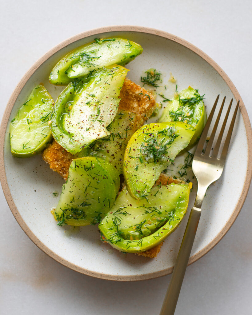 Finished Green Tomato Salad Over Fried Tofu