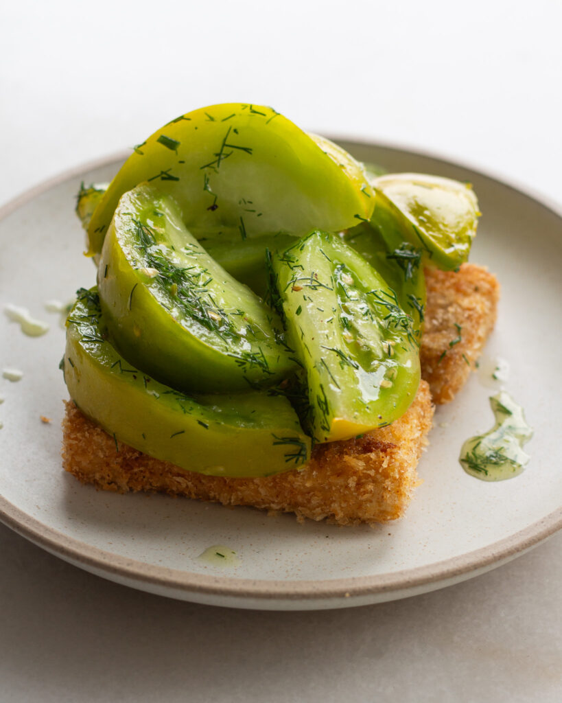 Finished Green Tomato Salad Over Fried Tofu