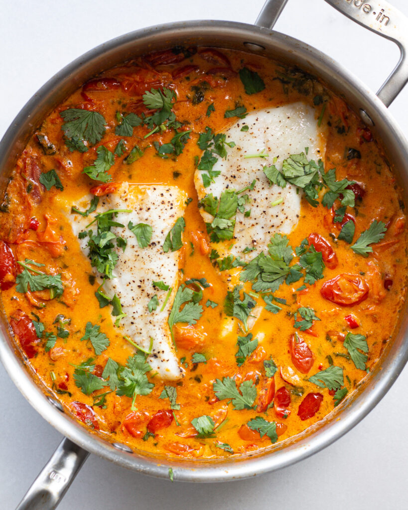 Tomato fish curry in pan