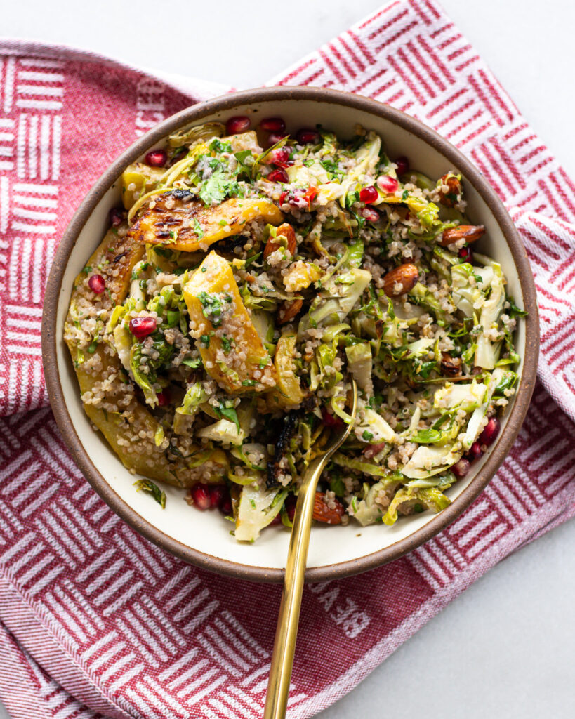 Finished Shaved Brussels Sprouts Salad with Pomegranate Dressing & Chili Almonds