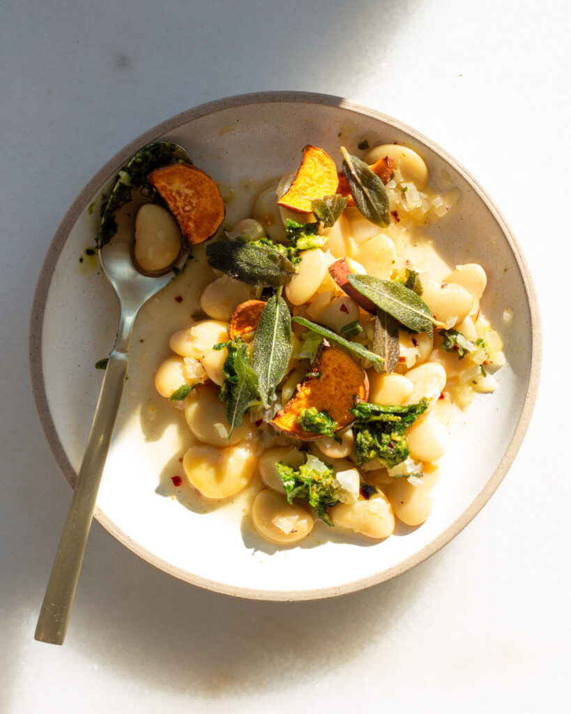 Finished White Wine Beans with Sage & Sweet Potato