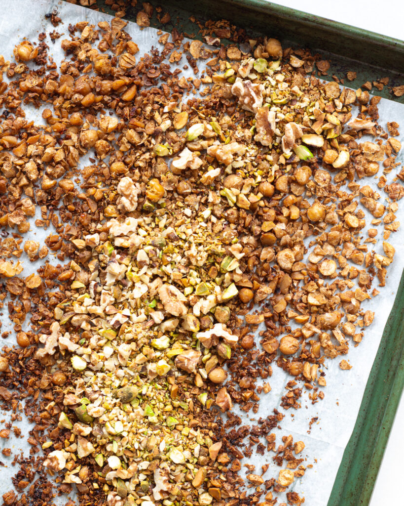 the chickpeas and nuts before they are mixed together for this topping