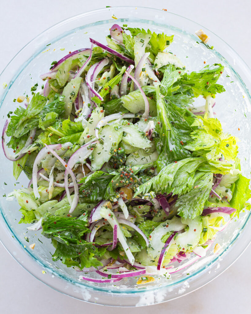 Celery salad with red onion, tuna and dressing