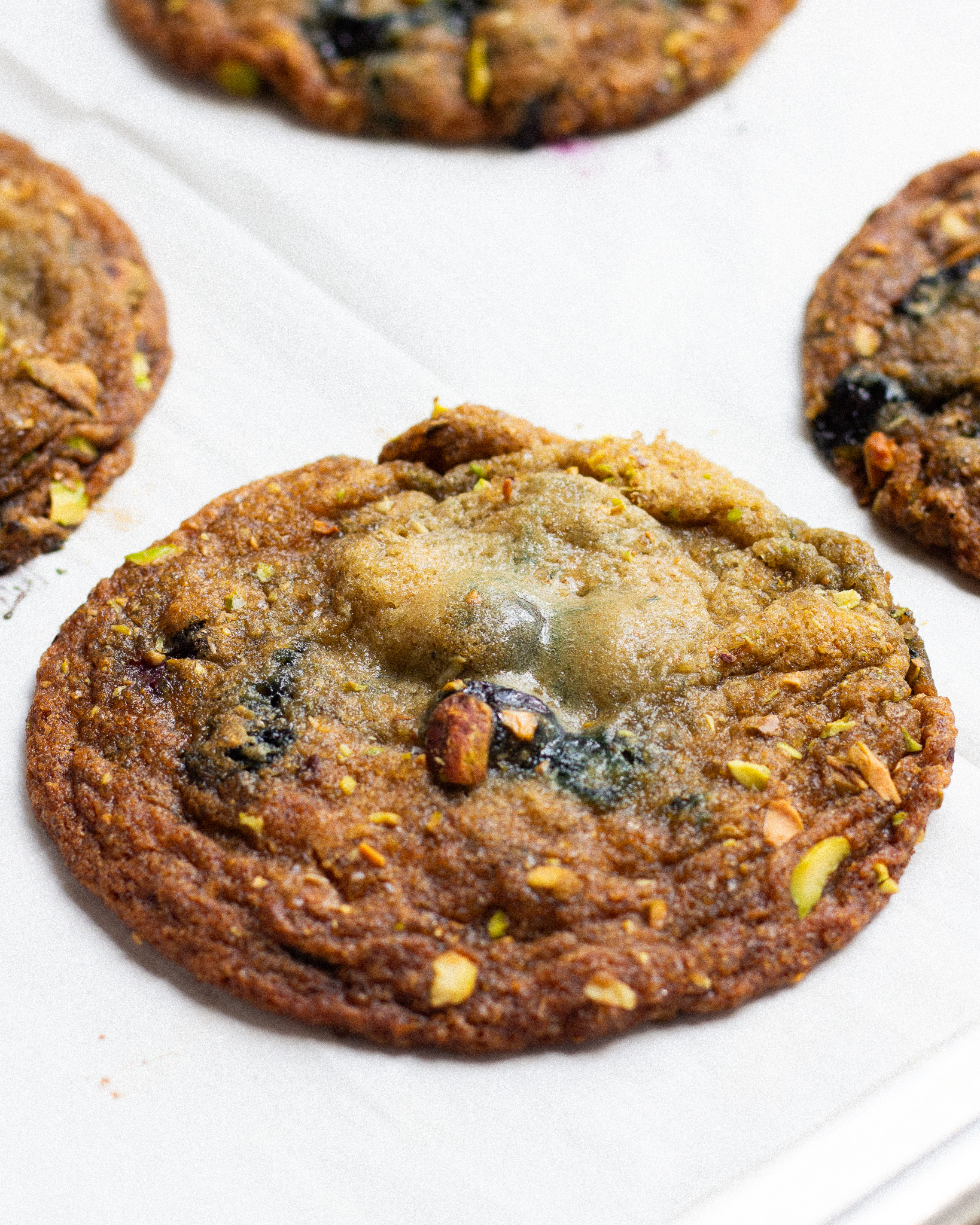 Brown Butter Blueberry Cookies with Pistachio Sugar