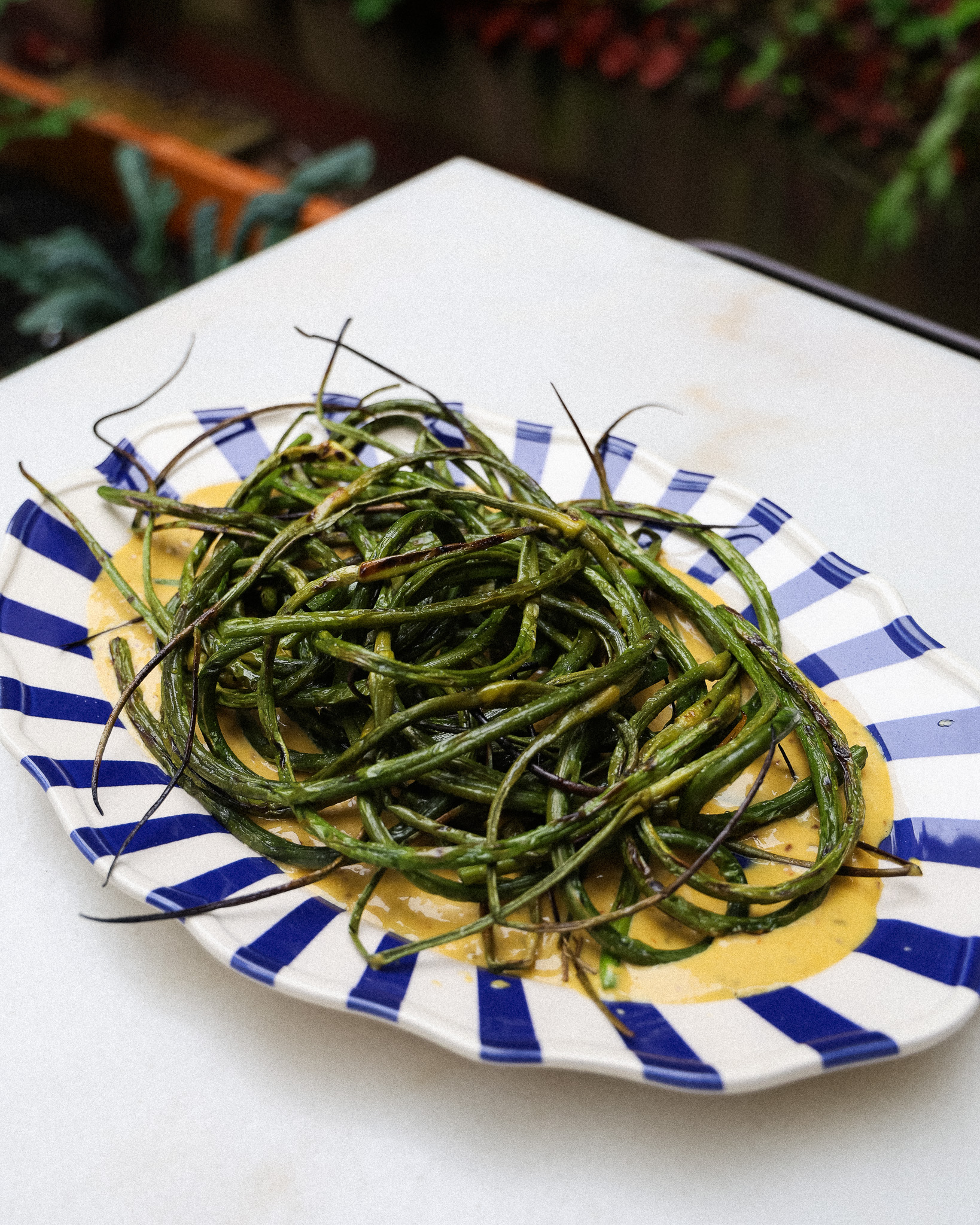 Garlic Scapes with Toasted Fennel Aioli
