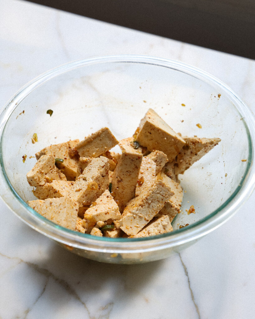 tofu coated in a sizzled scallion dressing 