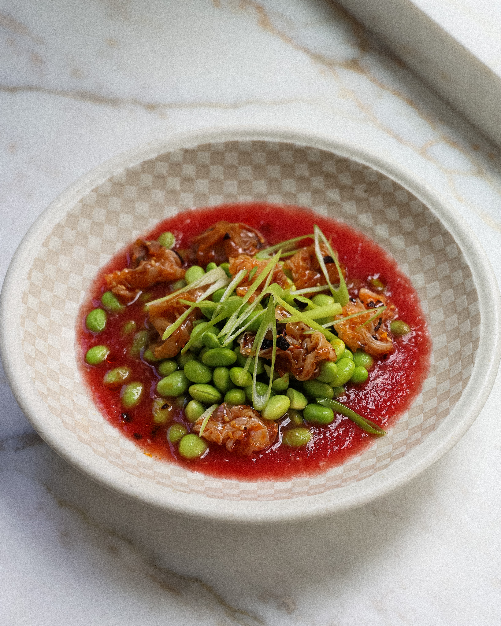 Tomato Broth Edamame with Chewy Rice Wrapper Bites