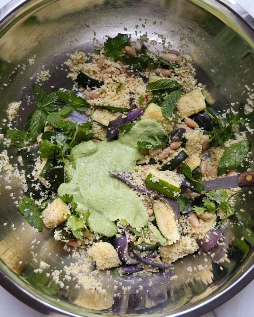 the couscous salad with green romesco pre-mixing