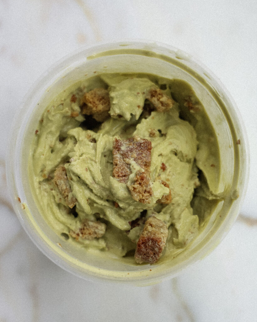 matcha mint ice cream with blondie pieces mixed in