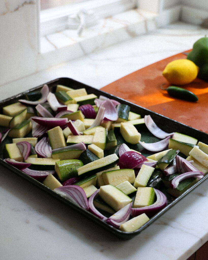 roasted vegetables on a sheetpan