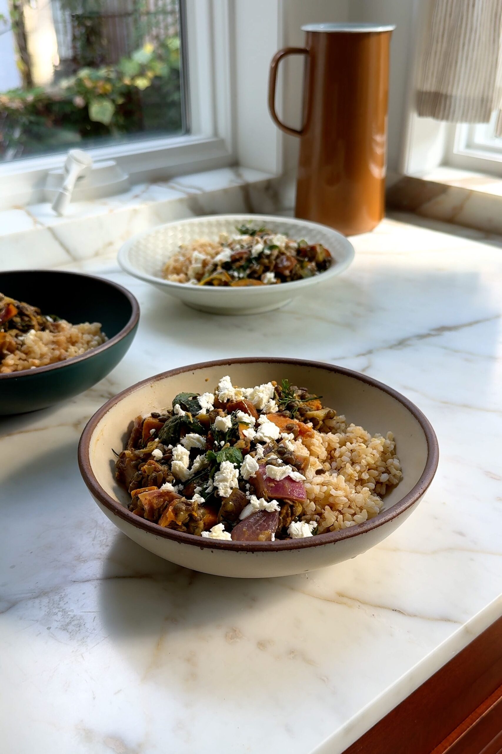 Creamy Leek & Squash Lentil Bowl with Cinnamon Tahini Dressing