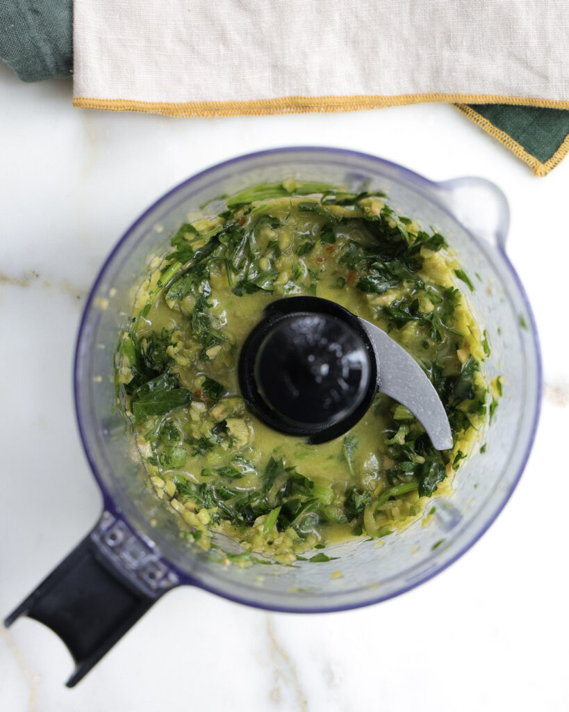 olive citrus dressing in a food processor