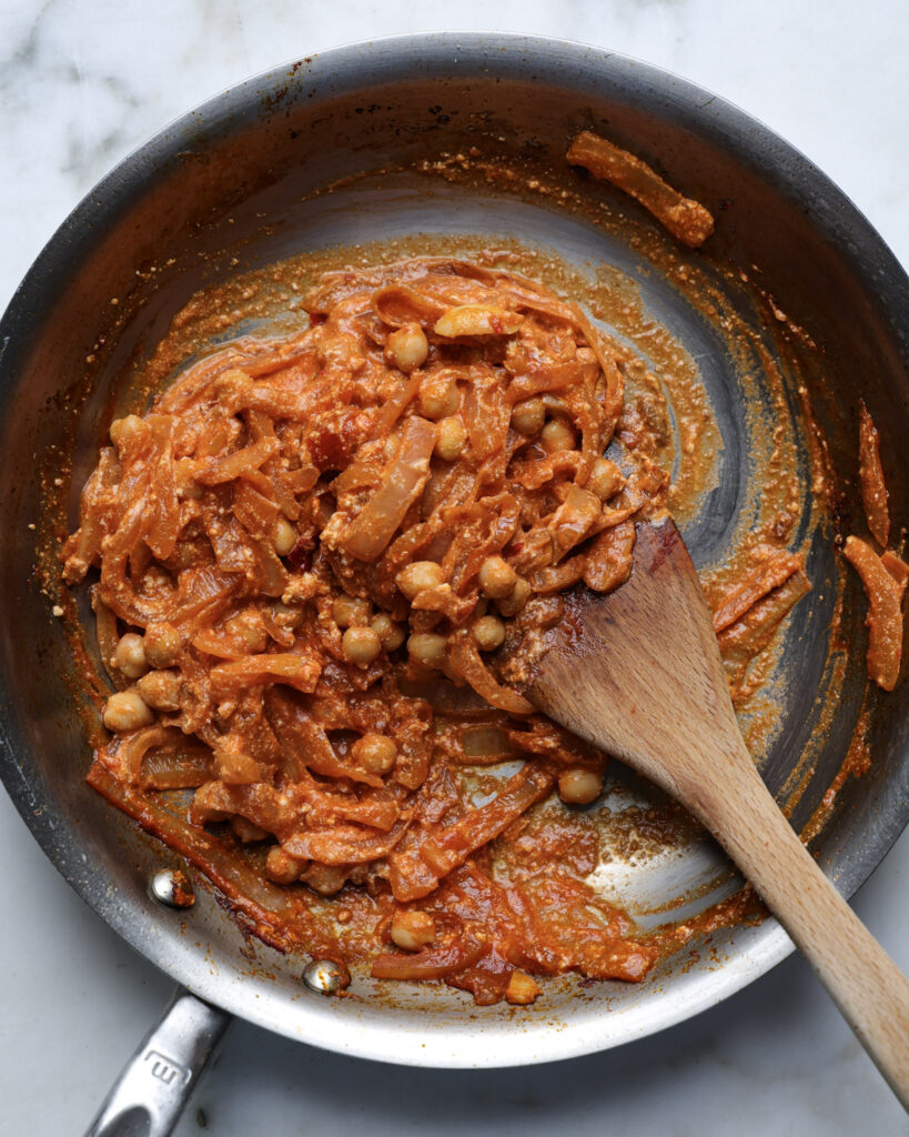 Chickpea alla vodka in a pan.