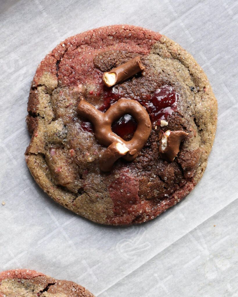 Close up image of a Cherry Chocolate Pretzel Cookie