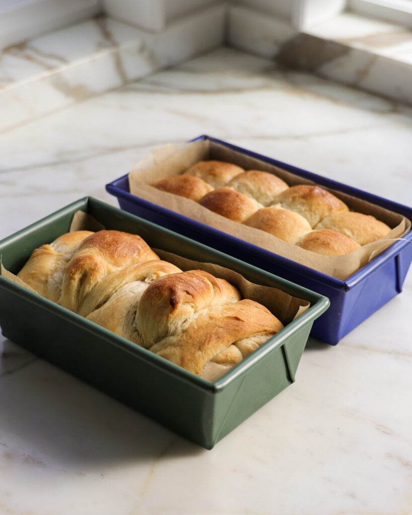 vegan brioche two ways: rolls and loaf.