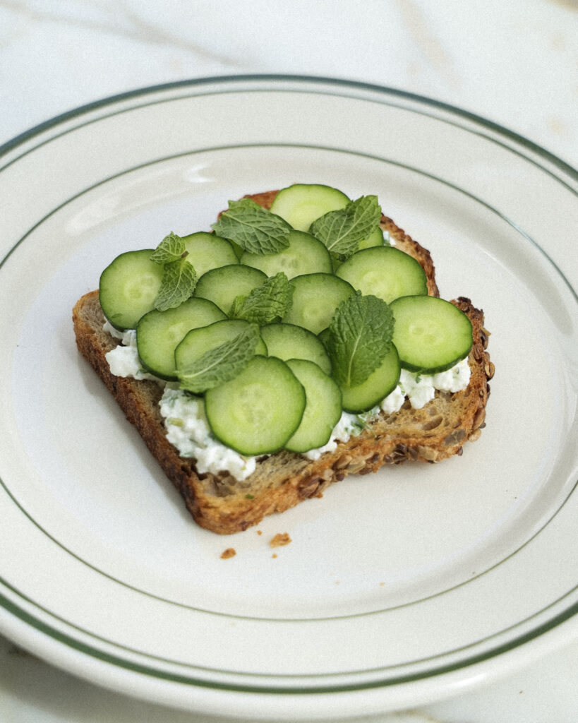cucumbers, mint and greek yogurt on toasted bread.