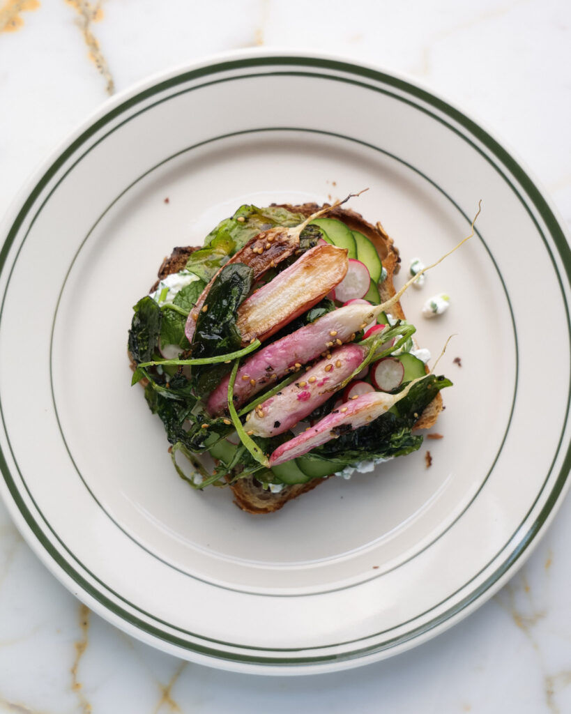 pan seared radishes and greens added to the sandwich.
