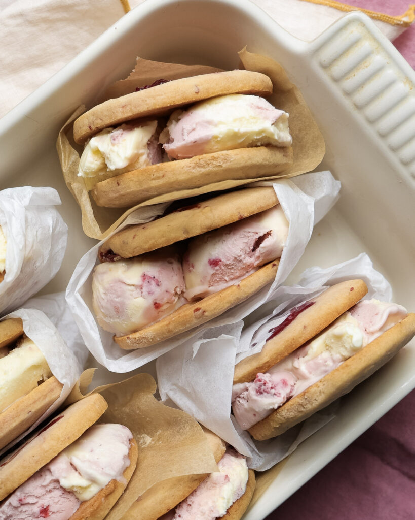 Strawberry ice cream sandwiches.